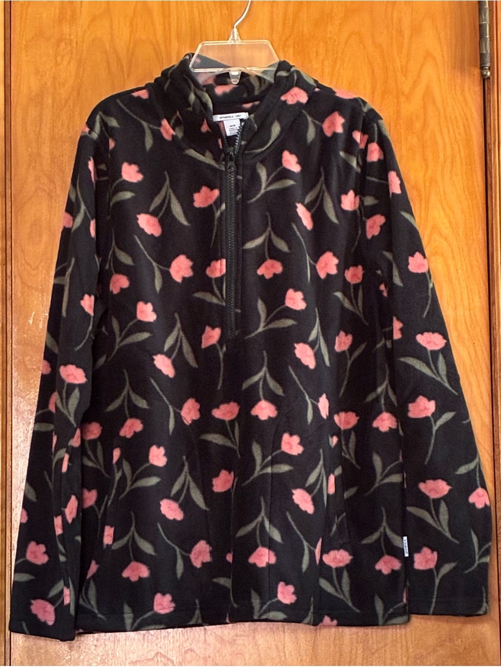 Black Floral Half-Zip Fleece Pullover - Pink & Green Flower Print